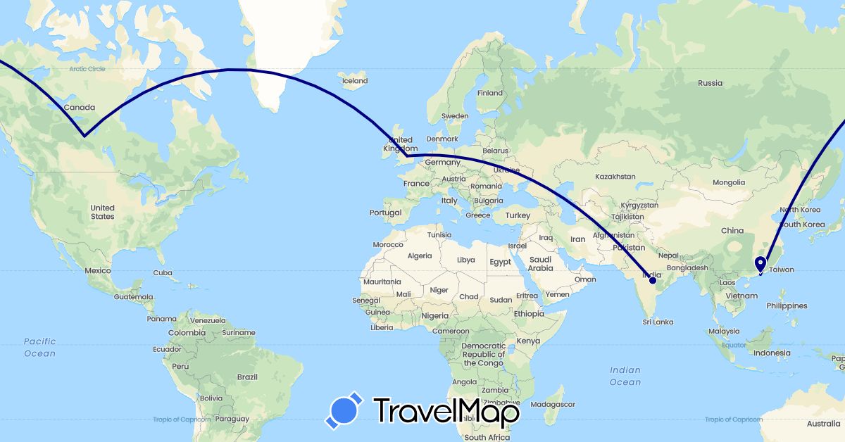 TravelMap itinerary: driving in Canada, United Kingdom, Hong Kong, India (Asia, Europe, North America)